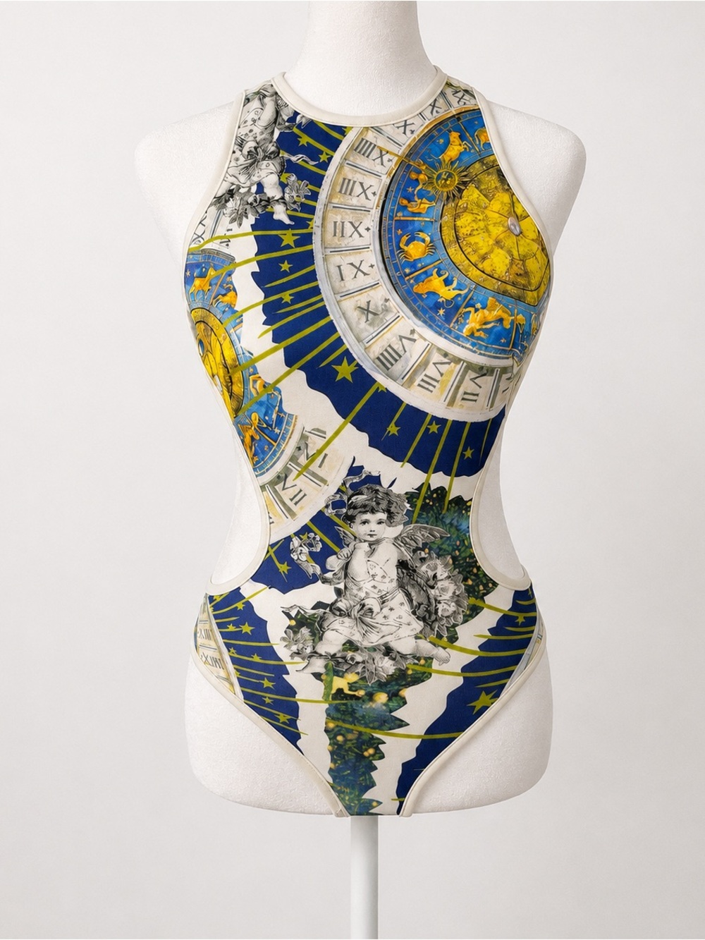 Fashion Nova Celestial Zodiac Print Cutout Bodysuit Size M Blue White Astrology
